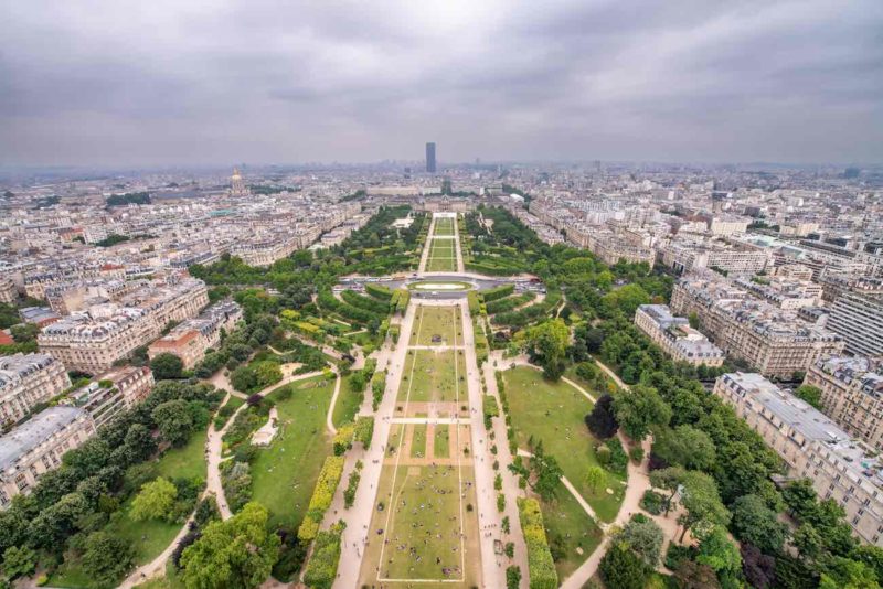 jardin de la tour eiffel. aerial overhead view of champ de mars and eiffel tower gardens in paris, france